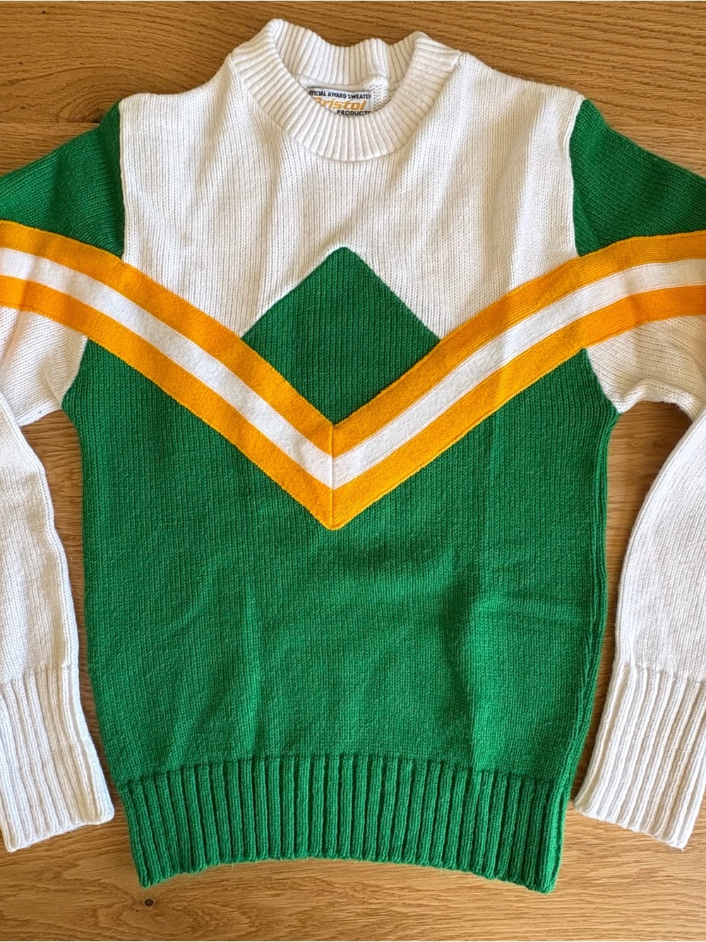 Vintage Bristol Award Sweater Size 34 Green Yellow Chevron Varsity Knit USA